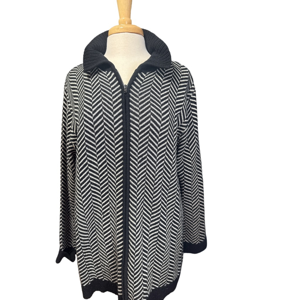 TALBOTS Black & White Chevron Full-Zip Cardigan Sweater L
